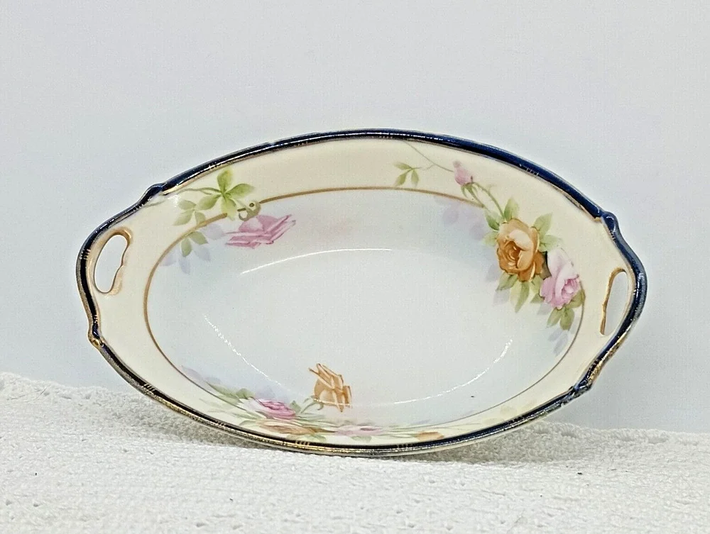 Nippon Hand Painted Blue Gold Edged Rim Double Handled Relish 7
